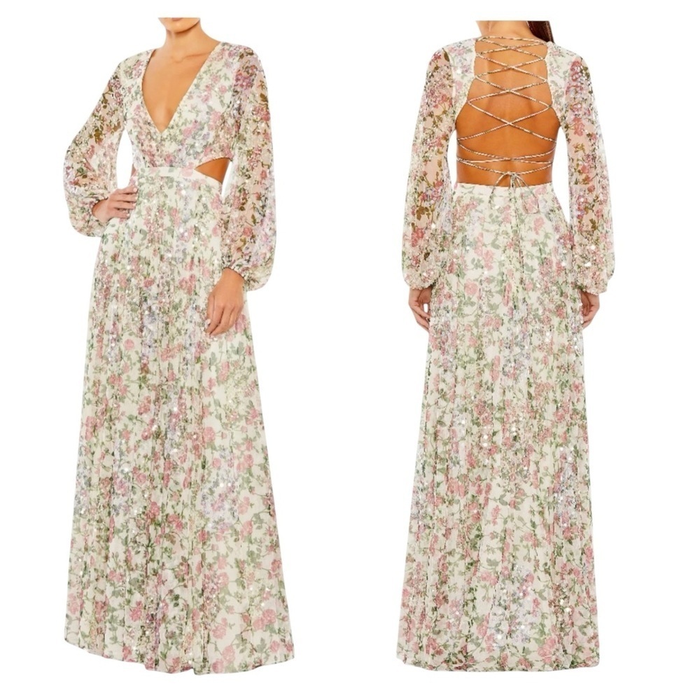 Mac Duggal Floral Cutout Lace-Up Back Chiffon Gown Size 16 NWT